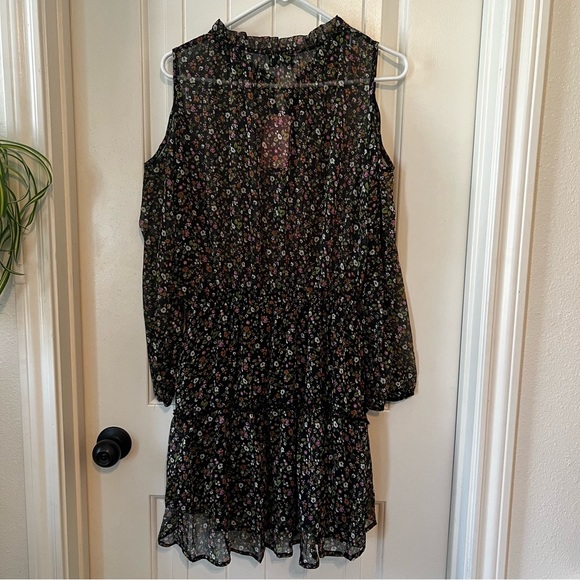 Sugarhigh Juniors Small Tiered Sheer Ditsy Floral Black Mini Dress Boho Prairie - Picture 3 of 14